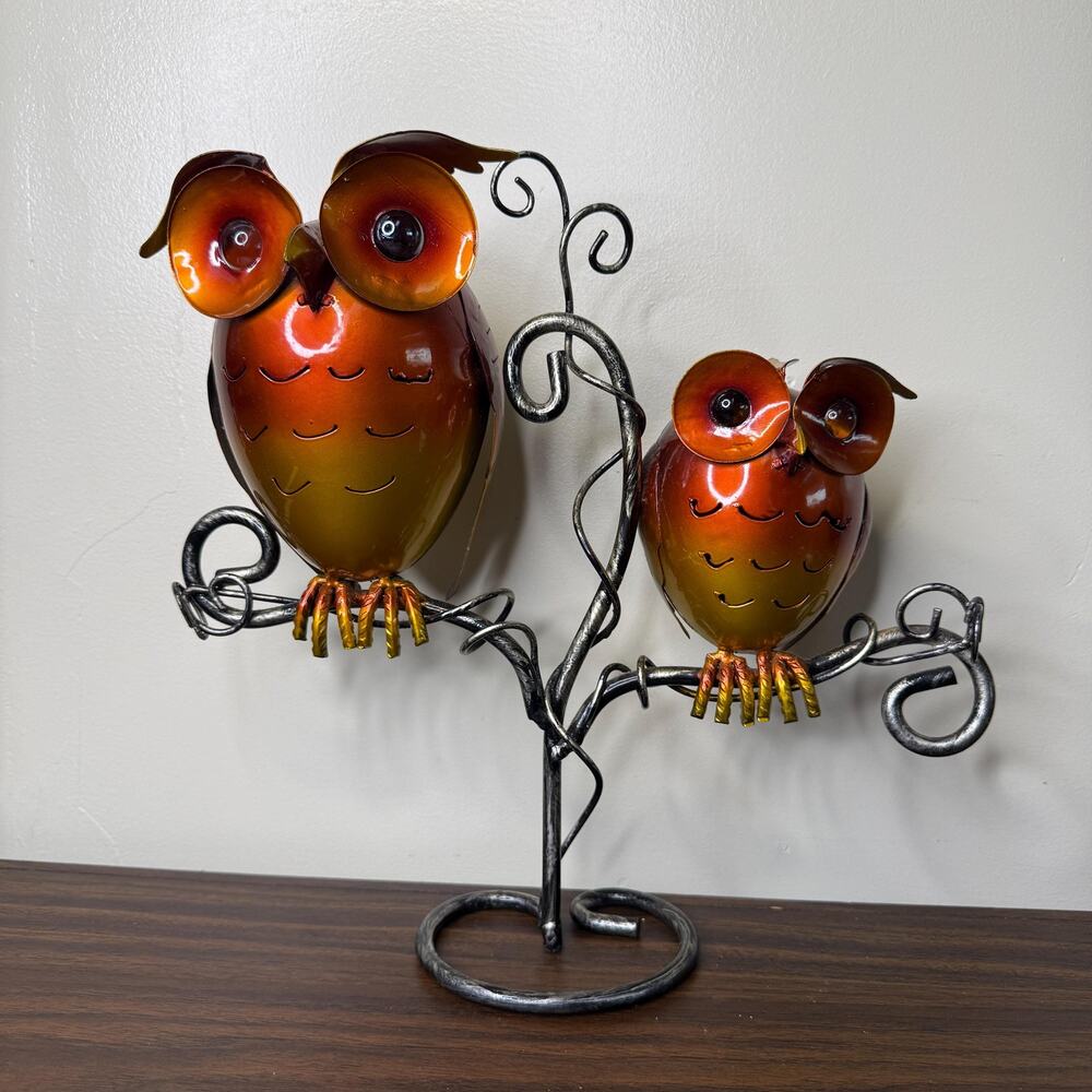 Vintage Metal Owl Sculpture Glossy Gradient Twisted Wire Bird Statue